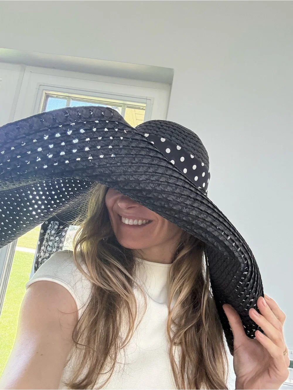 Black Wide-Brim Straw Hat with Polka Dot Bow